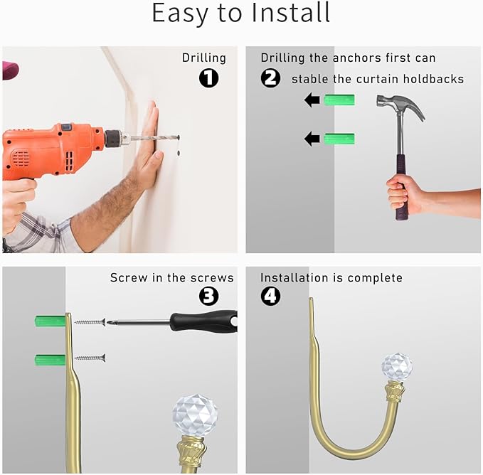 Hion Curtain Holdbacks Gold 2pcs, Curtain Tiebacks Wall Mounted Curtain Hooks Holders for Drapes