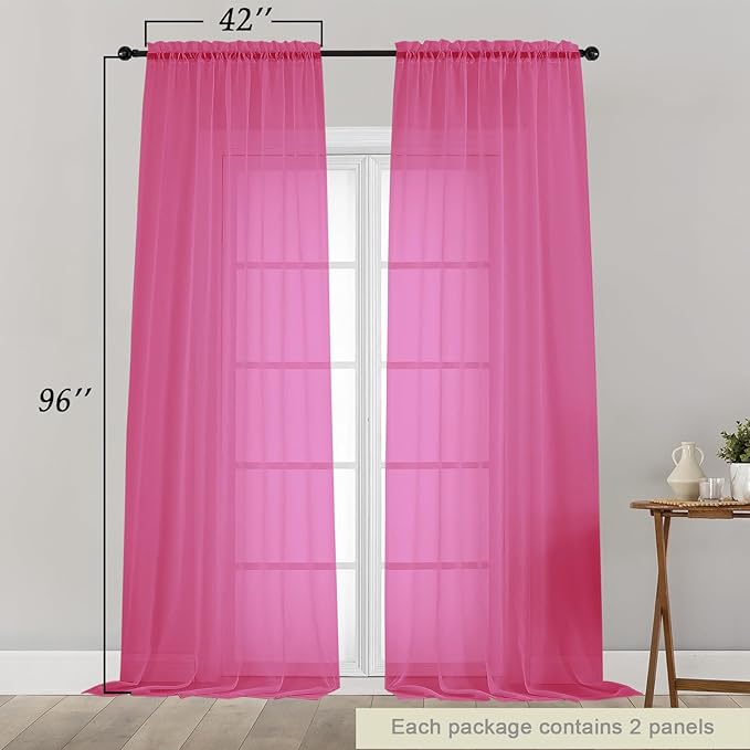 Hot Pink Sheer Curtains for Bedroom Living Room 96 Inches Long 2 Panels, Modern Airy Soft Lightweight Rod Pocket Light Filtering Sheer Curtains Drapes, Hot Pink, Each 42" Wx96 L Inch