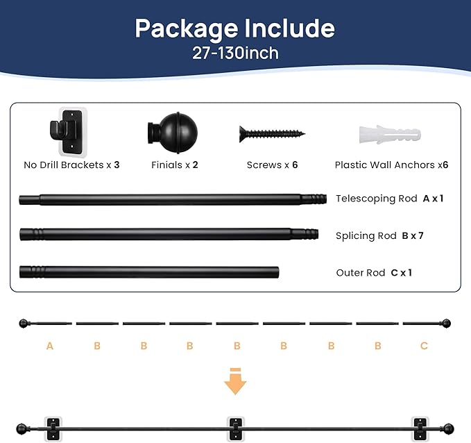 ENJOYBASICS No Drill Curtain Rods for Window 66 to 120 Inches, 5/8 Inch Diameter Renter Friendly Drapery Rod with Adhesive Brackets without Drilling, Adjustable from 27 to 130 Inches, Black
