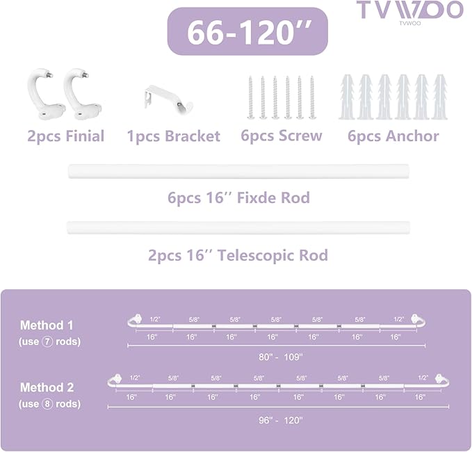 TVWOO Wrap Around Curtain Rods,White Curtain Rods 66 to 120 Inch,5/8 Inch Adjustable Blackout Curtain Rod with Brackets,Room Darkening Single Window Rod,Metal Hidden Curved Drapery Rods 66-120",White