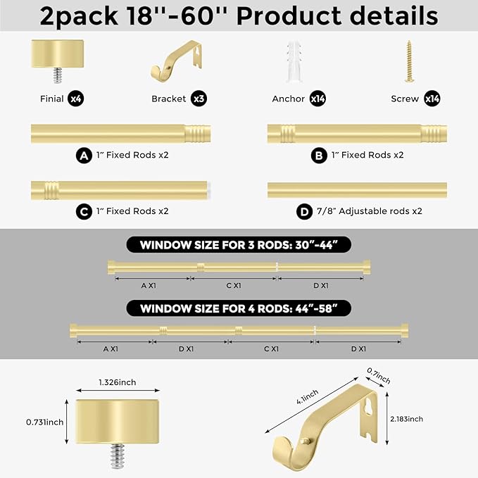 VOIIY 2 Pack Gold Curtain Rods for Windows 28 to 48 Inch(1.5-5 Feet),1" Diameter Drapery Rods with Modern Style End Cap Finials,Size:30''-60''