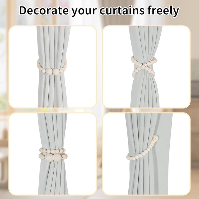 KLOGTSIND Magnetic Curtain Tiebacks, 6 Pack Curtain Holdbacks for Draperies, Wood Bead Curtain Tiebacks, Elegant Curtain Tie Backs for Bedroom Decor, Boho Room Decor, Nursery Decor, Farmhouse Decor