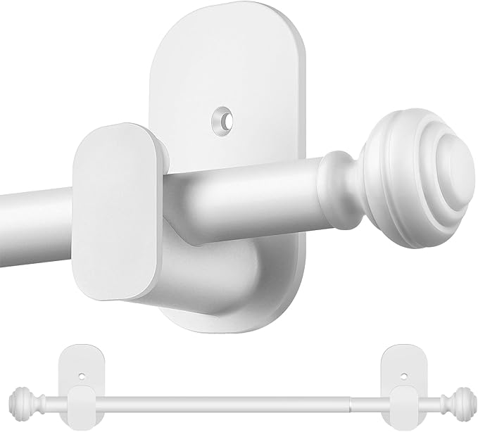 KAMANINA White Curtain Rod No Drilling 32 to 58 Inches, 5/8 Inch Adjustable Curtain Rods for Windows with 3M Adhesive Brackets without Drilling