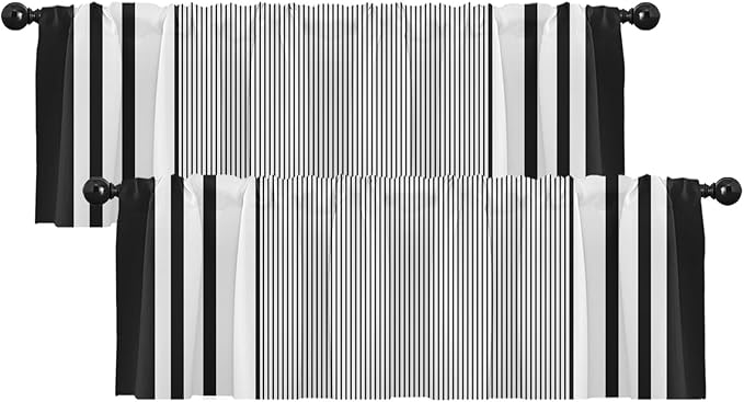 Emvency 2 Pack Valances Window Treatments, Striped Geometric Minimalist Black White Modern Drapes Adjustable Curtain for Windows Living Room Kitchen Over Sink, 52x18 Inch Rod Pocket Valances