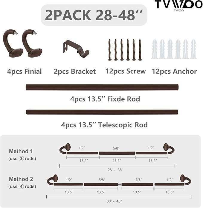 TVWOO Bronze Wrap Around Curtain Rods 2 Pack:Small Blackout Adjustable Window Curtain Rod for Bedroom Kitchen Apartment Renter Friendly,Room Darkening Curved Drapery Rods Easy Install,Brown 28-48 Inch