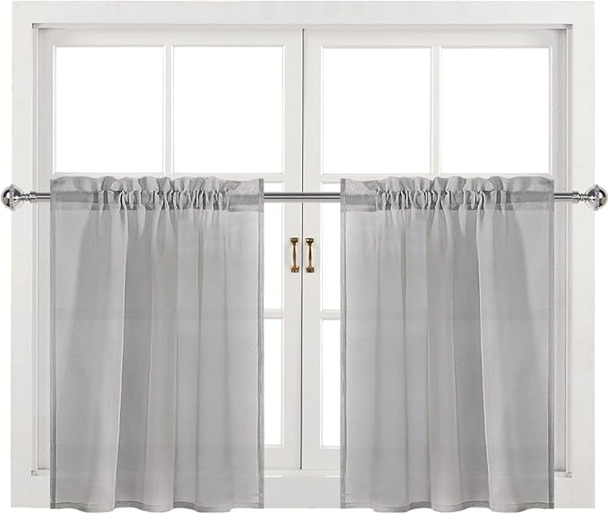 DWCN Grey Sheer Curtains for Kitchen Windows - Rod Pocket Semi Transparent Voile Tier Curtains for Bedroom, Living Room, Farmhouse, 36 x 36 inches Long, Set of 2 Panels