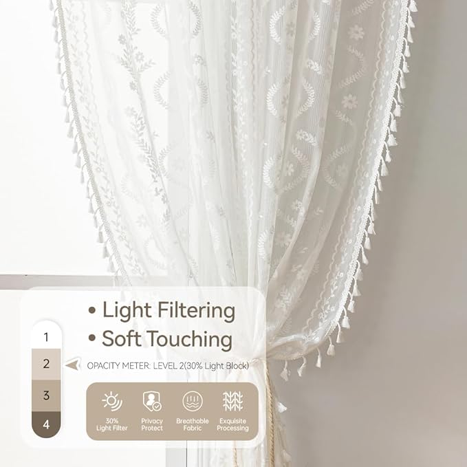 WAZZIO White Boho Lace Curtains 84 Inch -Cute Vintage Victorian Sheer Panel Drape French Country Floral Pattern & Tassel Light Filtering Privacy for Bedroom Dining Living Room,2 Panels,W52 x 84L