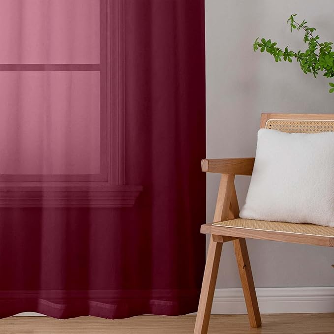 Extra Long Sheer Burgundy Curtains for Bedroom Living Room 120 Inches Long 2 Panels Set, Solid Soft Light Filtering Rod Pocket Sheer Window Curtains, Burgundy, Each 42" Wx120 L Inch