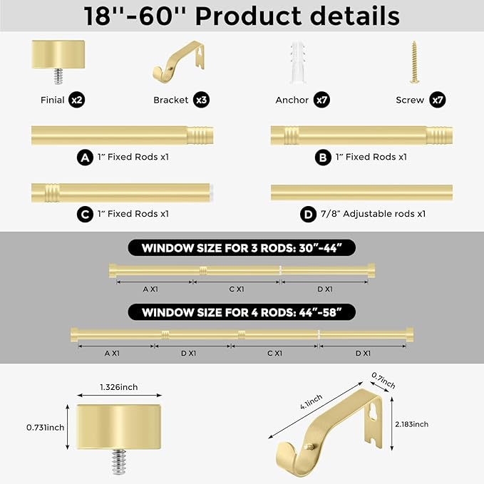 VOIIY Gold Curtain Rods for Windows 28 to 48 Inch(1.5-5 Feet),1" Diameter Drapery Rods with Modern Style End Cap Finials,Size:30-60 Inch, Brass