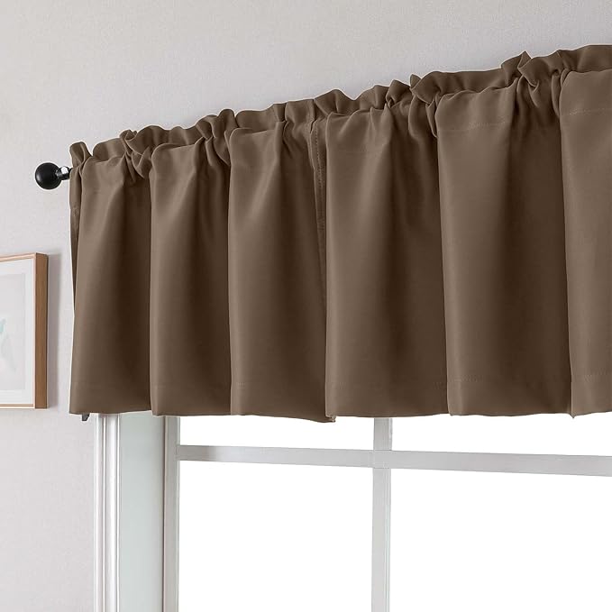 Chyhomenyc Blackout Valances for Windows, Short Window Valance Curtains for Living Room Bedroom Bathroom, Room Darkening Solid Privacy Small Kitchen Valances, 60Wx16L, 2 Pack, Brown