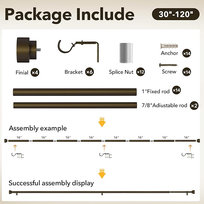 IFELS Heavy Duty Curtain Rods for Windows 66 to 120 Inch, 1 Inch Bronze Curtain Rods Set of 2 Pack for Outdoor Patio, Farmhouse, Bedroom, Adjustable Easy Install Modern Drapery Rod (Bronze,30-120-2p)
