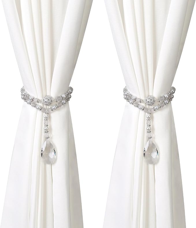 SUQ I OME 1 Pair of Luxury Pearl Beaded Magnetic Curtain Tieback and Holdback Curtain Clips Curtain Buckle Curtain Holder Blingbling Curtain Holdbacks for Drapes (Crystal Mixed Pearl)
