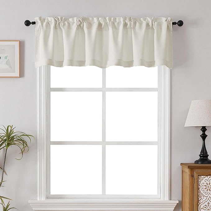 Chyhomenyc Kitchen Valances for Windows, Short Window Valance Curtains for Living Room Bedroom Bathroom, Room Darkening Solid Privacy Small Valances, 60Wx16L, 2 Pack, Natural