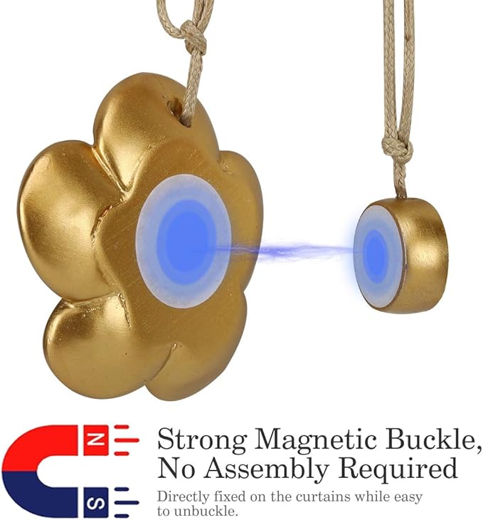Lewondr Magnetic Curtain Tiebacks, Vintage Curtain Holdbacks, Resin Flower Curtain Ties with Rope Drapery Retro Window Curtain Decorative Buckle Holder for Outdoor, Home Office, and Cafe Balcony, Gold