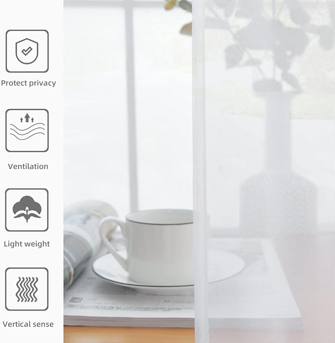 youleyar Solid Sheer Rod Pocket Curtain Voile Draperies 2 Panels White Beige Black Grey Coffee 52 Inch Width 96 Inch Long 1 Pair for Kitchen Bedroom Children Living Room Yard(White,52Wｘ96L)