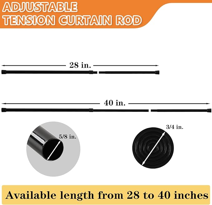KXLife 2 Pcs Spring Tension Curtain Rod Adjustable 28 to 40 Inches, 5/8" Diameter, Black, Expandable Spring Loaded Tension Rods For Window No Drilling
