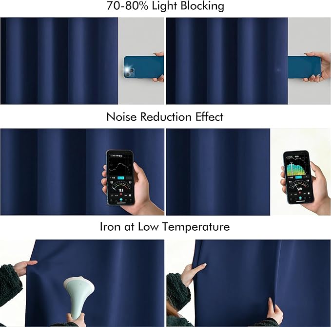 MIULEE Navy Blue Back Tab Blackout Curtains 63 Inch Length 2 Panels Set for Living Room Bedroom Privacy, Rod Pocket/Pinch Pleat Thermal Insulated Room Darkening Pleated Light Blocking Drapes