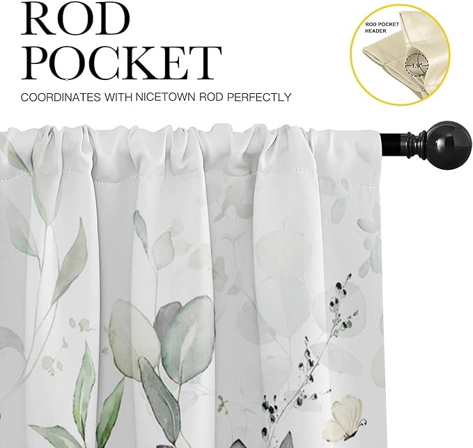 Emvency 4 Pack Valances Window Treatments, Green Watercolor Eucalyptus Leaves Blackout Adjustable for Living Room Bathroom Bedroom Kitchen Over Sink, 52x18 Inch Rod Pocket Valances