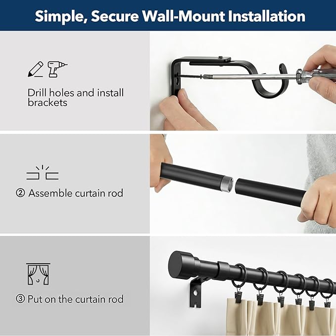 IFELS Heavy Duty Curtain Rods for Windows 66 to 120 Inch,1 Inch Adjustable Black Curtain Rod with Easy Installation and Modern Design,Decorative Long Drapery Rods with Metal Finials (A1,Black,30-120")