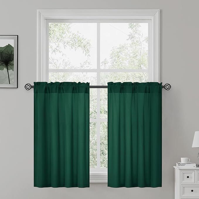HOMEIDEAS Christmas Non-See-Through Hunter Green Privacy Sheer Curtains, 30 X 36 Inches Long 2 Panels Sheer Curtains Light Filtering Window Drapes for Bedroom Living Room