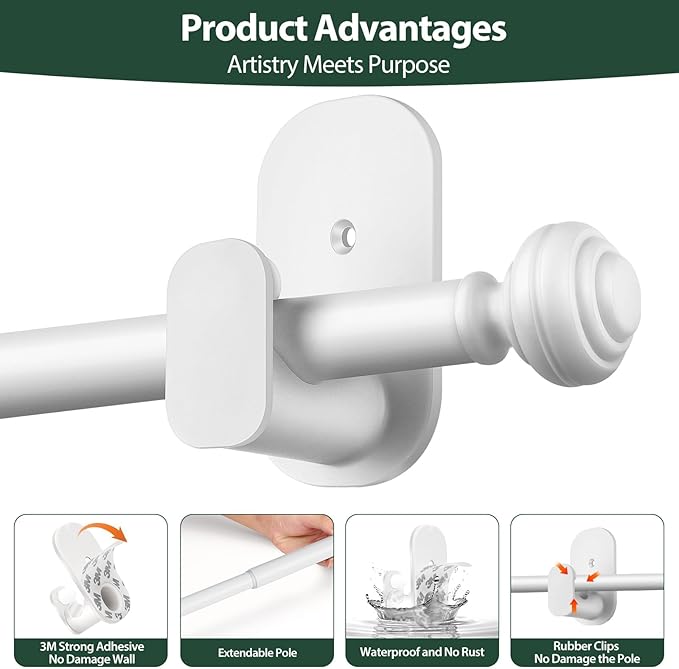 KAMANINA Curtain Rods No Drilling for Windows 16 to 30 Inches, 5/8 Inch Small Curtain Rod for Door Screwless with Adhesive Brackets without Drilling, White