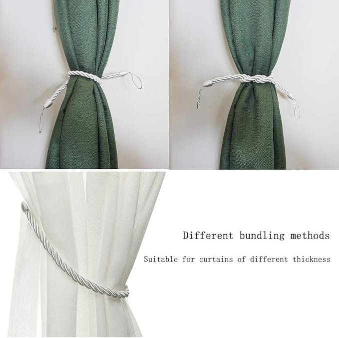 BEL AVENIR Curtain Ropes Tiebacks Tie-Backs, Curtain Handmade Holdbacks with 2 Metal Screw Hooks - White 2 Pack