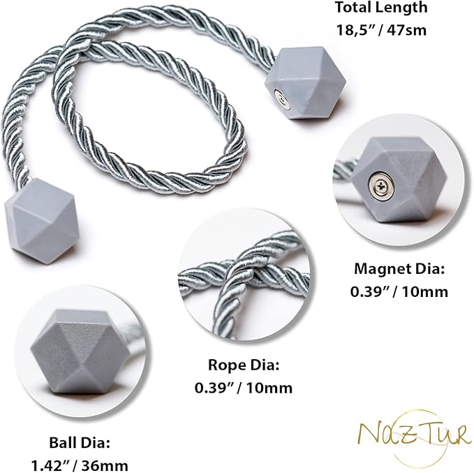 NazTur Magnetic Curtain Tiebacks- Upgrade 2022 with a Thicker Twist Rope & Strong Magnet Tieback Window Treatment Holdbacks Draperies Holders Decorative Drape Handmade Tie Back (Grey, 2)