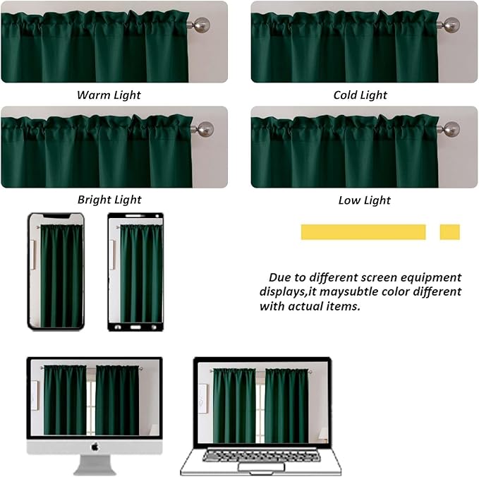 Chyhomenyc Hunter Green Short Curtain Valance for Windows, Faux Linen Textured Half Window Curtains, Burlap Solid Topper Small Curtain Valance for Bathroom Laundry Basement, 60Wx18L Inch, 1 Piece