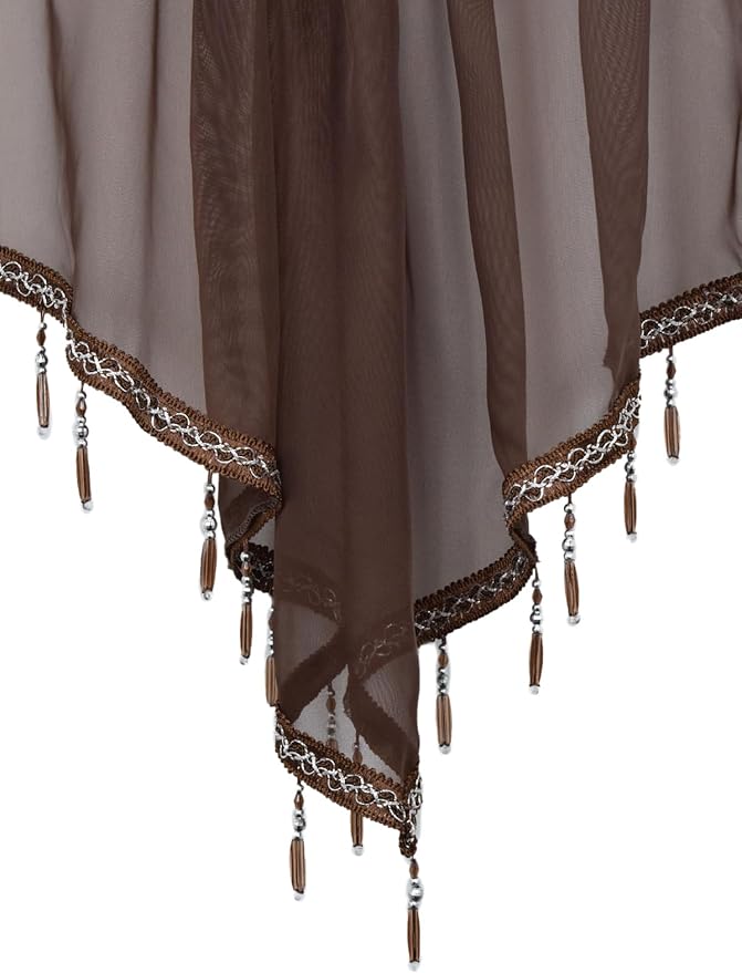 Molaxhome Swag Curtain 51 inch Length Rod Pocket Scalloped Curtain Valance Sheer Lace Panels with Hanging Crystal Beads for Kitchen Bedroom Window Treatments Drape Decor 1pc (Coffee, 51Wx23L)