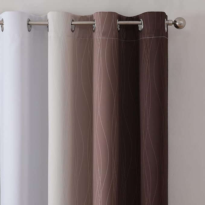 Estelar Textiler Brown and Greyish White Ombre Blackout Curtains 90 Inch Length 2 Panels Set, Thermal Insulated Grommet Drapes for Bedroom,Full Room Darkening Gradient Curtains for Living Room,52Wx90L