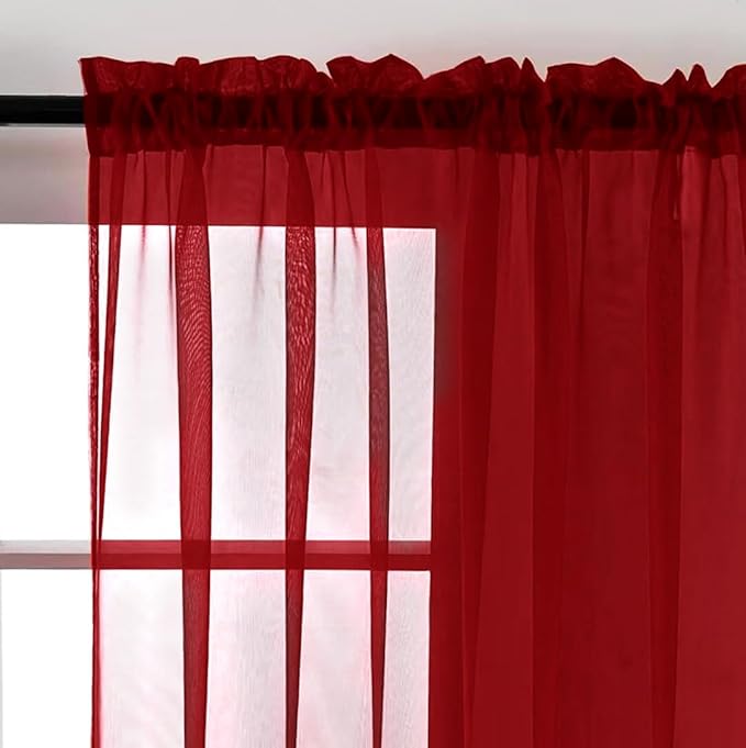 SpaceDresser Christmas Red Sheer Curtains 4 Panels Rod Pocket Semi-Sheer Curtain 54 Inches Long Light Filtering Voile Window Drapes for Bedroom Living Room Kitchen, Each 52W x54L