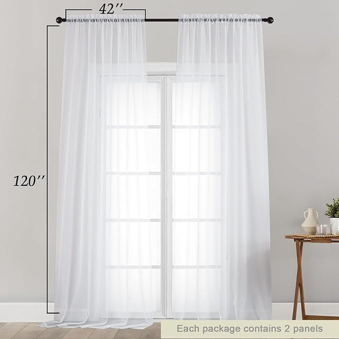 Extra Long Sheer White Curtains for Bedroom Living Room 120 Inches Long 2 Panels Set, Solid Soft Light Filtering Rod Pocket Sheer Window Curtains, White, Each 42" Wx120 L Inch