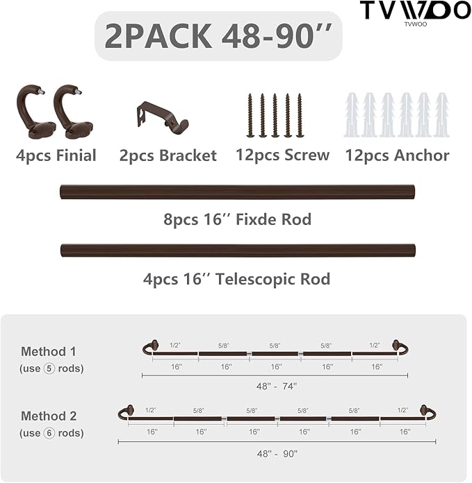 TVWOO Bronze Wrap Around Curtain Rods 2 Pack:Small Blackout Adjustable Window Curtain Rod for Bedroom Kitchen Apartment Renter Friendly,Room Darkening Curved Drapery Rods Easy Install,Brown 48-90 Inch
