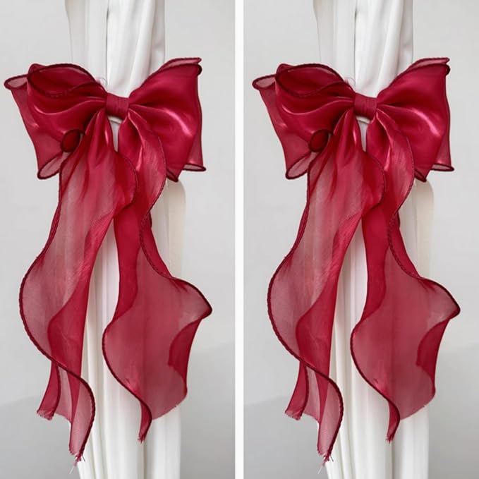 2 Pack French Silky Bow Curtain Tiebacks, Elegant Lace Ribbon for Curtains Decorative Rope Accessories Home Décor (Pink,2)