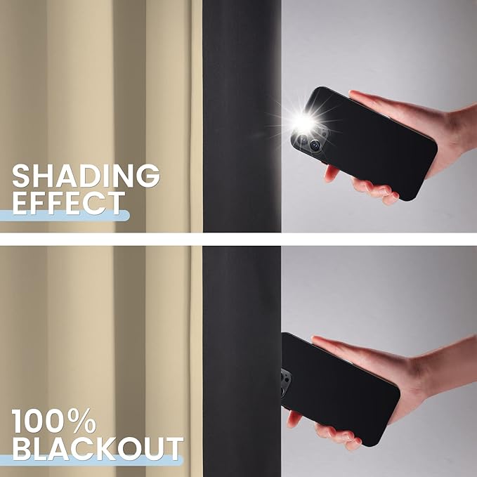 SimpleHome 100% Blackout Curtains for Bedroom,Thermal Insulated Beige Grommet Window Drapes Room Darkening Curtains for Living Room with Black Back,52 x 45 Inch,2 Panels