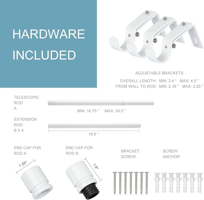 Byondeth Curtain Rods for Windows 16 to 88 Inches Adjustable Length 1 Inch Diameter Window Curtain Rod with Aluminium End Cap, White