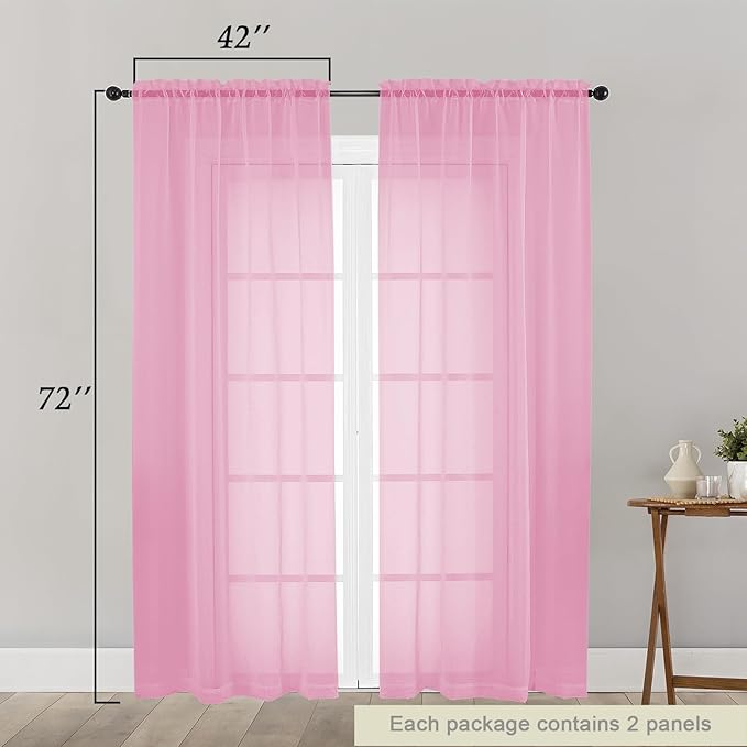 Pink Sheer Curtain for Bedroom Living Room 72 Inches Long 2 Panels Set, Solid Soft Airy Light Filtering Sheer Window Curtains, Modern Rod Pocket Door Curtain, Pink, 42" Wx72 L Inches