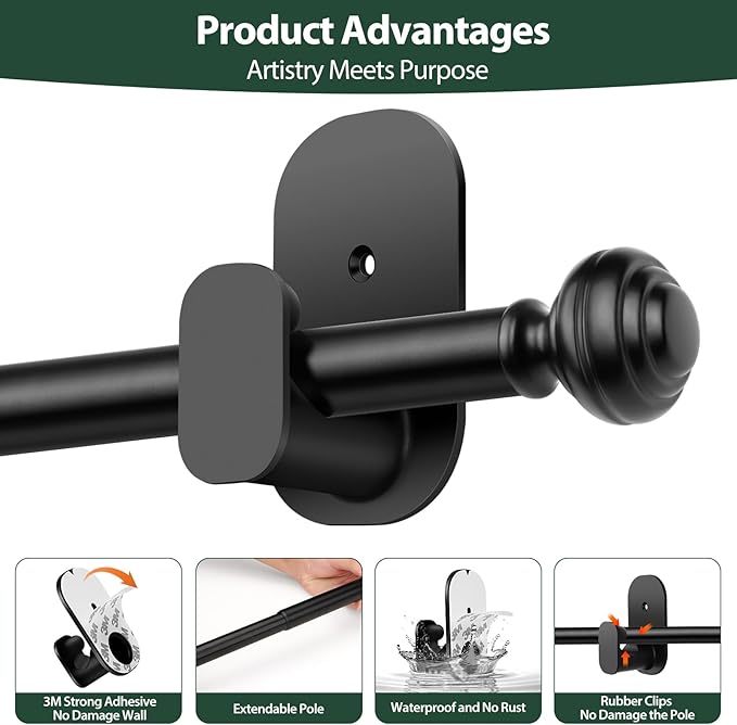 KAMANINA Curtain Rods No Drilling for Windows 16 to 30 Inches, 5/8 Inch Adjustable Small Curtain Rod 2 Pack No Screw with 3M Adhesive Brackets without Drilling, Black