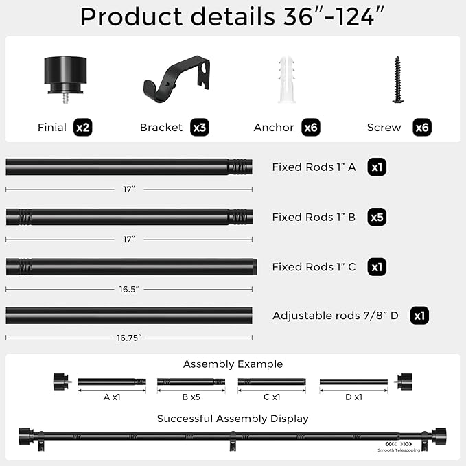 Curtain Rods for Windows 66 to 120 Inch, Black Modern 1 Inch Window Treatment Rods with Black End Cap Finials, Decorative Adjustable Heavy Duty Easy Install Drapery Rods for Bedroom Living Room