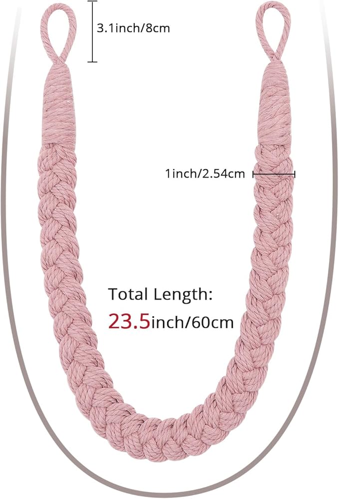 NICEEC 2 Pack Natural Cotton Rope Curtain Tiebacks Elegant Boho Style Decorative Drape Tie Backs Soft Hand-Woven Rope Curtain Holdbacks with Metal Hook for Home & Office Drapery (Pink)