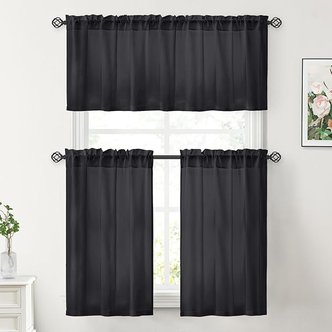 HOMEIDEAS Halloween Non-See-Through Black Privacy Sheer Kitchen Curtains, 30 X 36 Inches Long 2 Panels Short Sheer Curtains Light Filtering Bathroom Window Drapes for Bedroom Living Room
