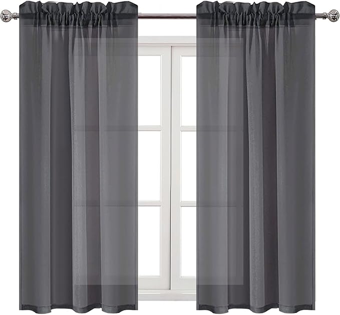 DWCN Dark Grey Sheer Curtains Semi Transparent Voile Rod Pocket Curtains for Bedroom and Living Room, 42 x 54 inches Long, Set of 2 Panels