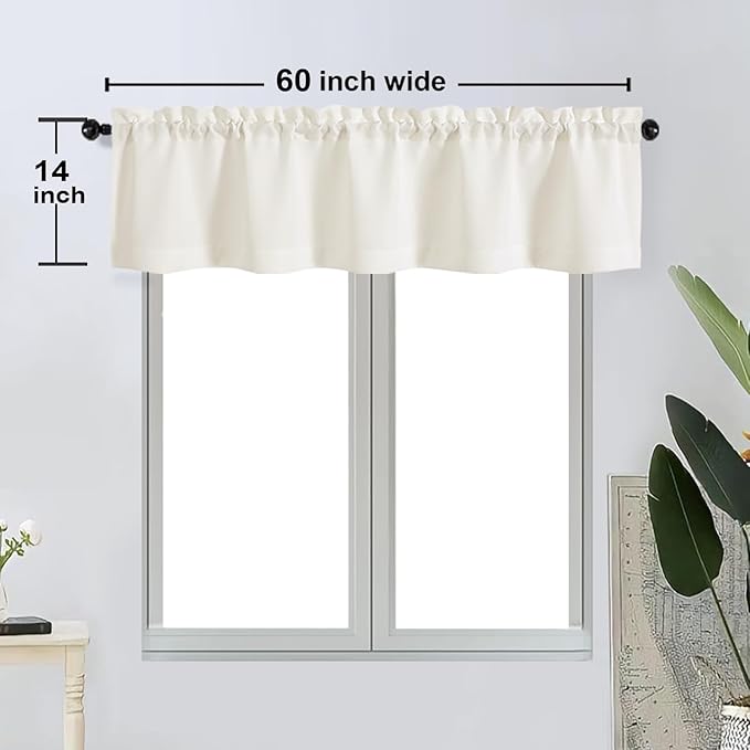 OWENIE Bob 1 PCS Ivory Valances for Windows, Faux Linen Textured Kitchen Window Curtains Valance for Bedroom Living Room, Modern Soft Airy Solid Rod Pocket Bathroom Cafe Curtains, 60Wx14L Inch