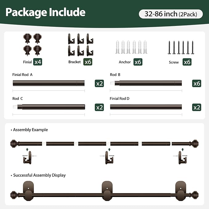 KAMANINA 2 Pack Curtain Rods No Drilling for Windows 32 to 86 Inches, 5/8 Inch Diameter Adjustable Single Curtain Poles with Adhesive Brackets, Bronze