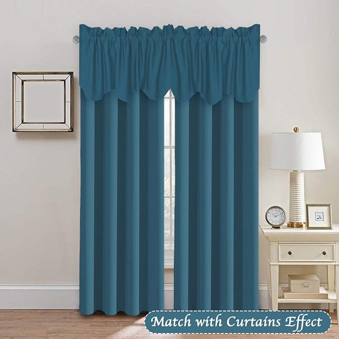 H.VERSAILTEX 2 Panels Blackout Curtain Valances for Kitchen Windows/Living Room/Bathroom Privacy Protection Rod Pocket Decoration Scalloped Window Valance Curtains, 52" W x 18" L, Dark Teal