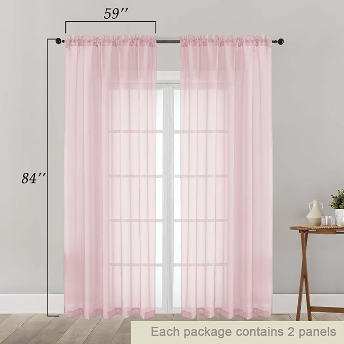 Blush Sheer Curtains 84 Inches Long 2 Panels Set for Bedroom Living Room, Soft Airy Light Filtering Modern Solid Rod Pocket Drapes Window Treatments, Blush, Each 59" W x 84" L