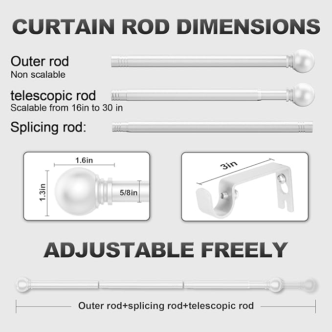 White Curtain Rods for Bedroom with Brackets,5/8 Inch Diameter Small Window Curtain Rod Adjustable 32 to 120 Inches,Easy Install Drapery Rods