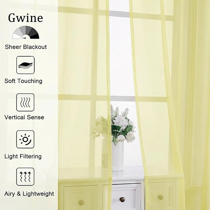 Gwine Light Yellow Sheer Curtains 72 Inches Long 2 Panels Set, Light Filtering Sheer Curtains for Living Room, Rod Pocket Window Treatments Drapes, Each 42Wx72L