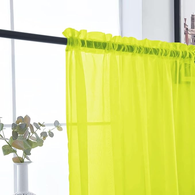 SpaceDresser Basic Rod Pocket Sheer Voile Window Curtain Panels Chartreuse 1 Pair 2 Panels 52 Width 108 Inch Long for Kitchen Bedroom Children Living Room Yard（Chartreuse, 52W x 108L）