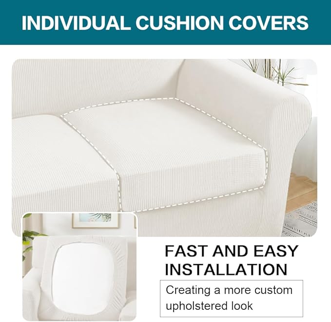 Turquoize 4 Piece Sofa Covers for 3 Cushion Couch Sofa Slipcover Soft Couch Cover for Dogs Washable Furniture Cover with 3 Individual Large Cushion Covers Feature Fabric (Large Sofa, Porcelain)
